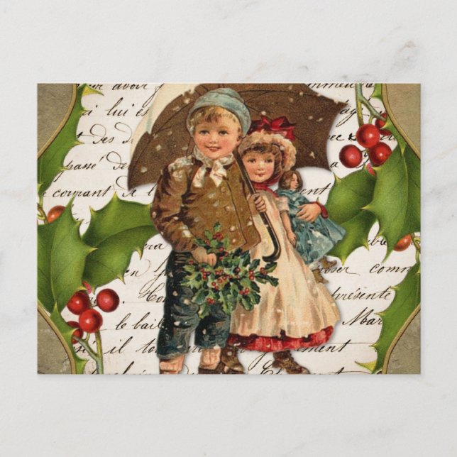 Vintage Christmas Holly Berry and Children  Holiday Postcard (Front)