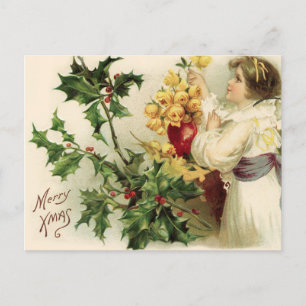 Vintage Christmas Holly Berry and Roses Holiday Postcard