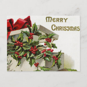 Vintage Christmas holly berry box postcard