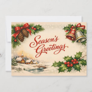 Vintage Christmas Holly Berry, Village, Bells Holiday Card