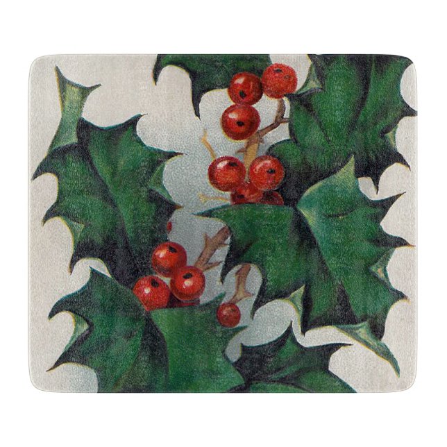 Vintage Christmas Holly glass cutting board (Front)