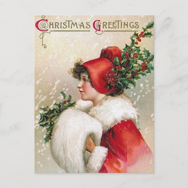 Vintage Christmas Holly Lady postcard (Front)