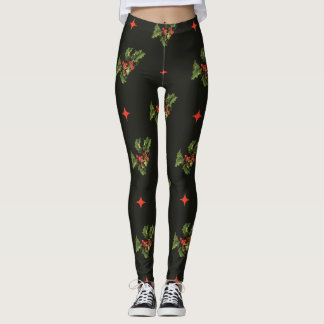 Vintage Christmas Holly Leaves and Stars Pattern Leggings