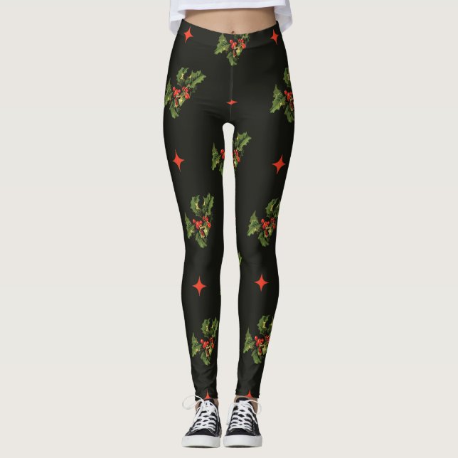 Vintage Christmas Holly Leaves and Stars Pattern Leggings (Front)