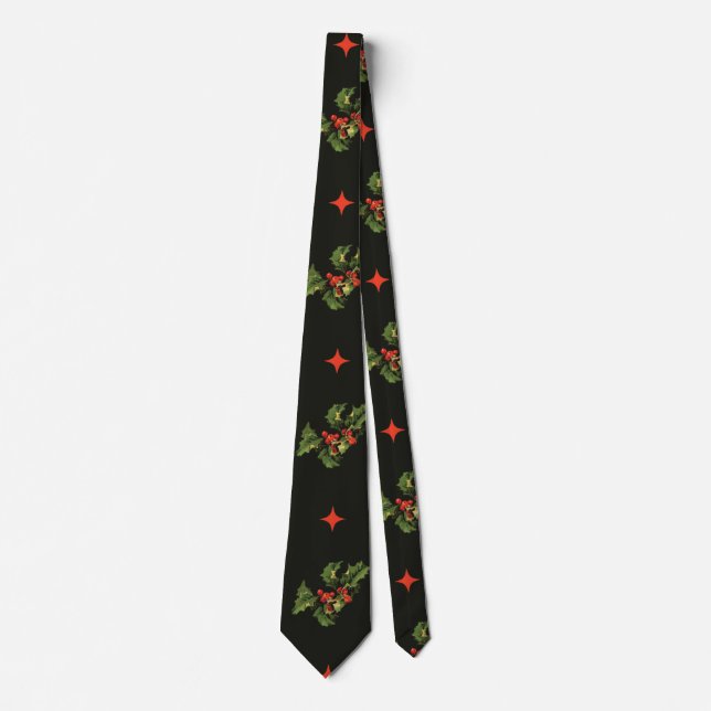 Vintage Christmas Holly Leaves and Stars Pattern Tie (Front)