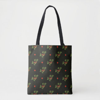 Vintage Christmas Holly Leaves and Stars Pattern Tote Bag