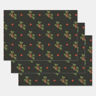 Vintage Christmas Holly Leaves and Stars Pattern Wrapping Paper Sheet