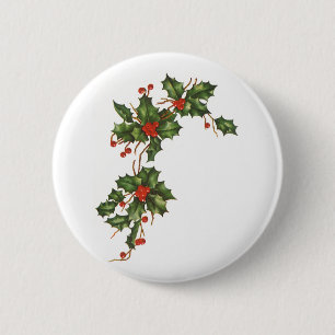 Vintage Christmas, Holly Plant with Red Berries 6 Cm Round Badge
