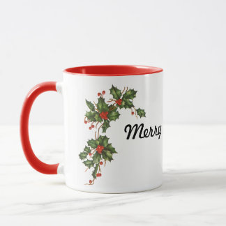 Vintage Christmas, Holly Plant with Red Berries Mug