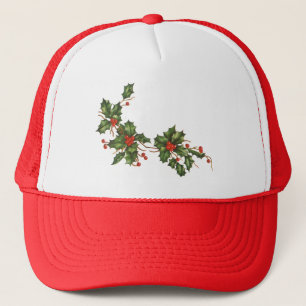 Vintage Christmas, Holly Plant with Red Berries Trucker Hat