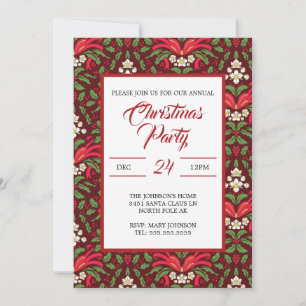 Vintage Christmas Holly, Red Berries & Red Bow Invitation
