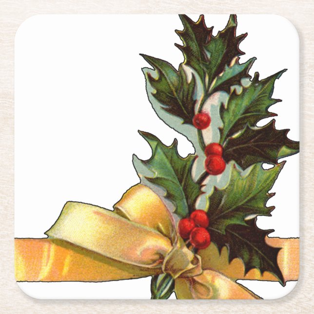 Vintage Christmas Holly Square Paper Coaster (Front)