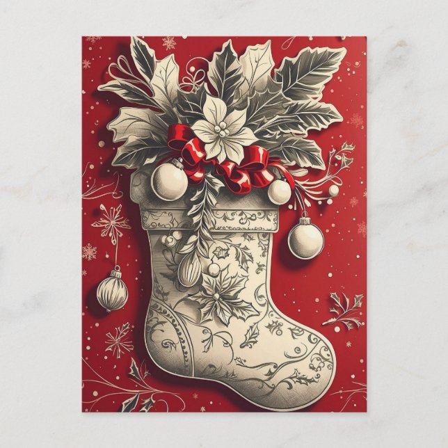 Vintage Christmas Holly Stocking Holiday Postcard (Front)
