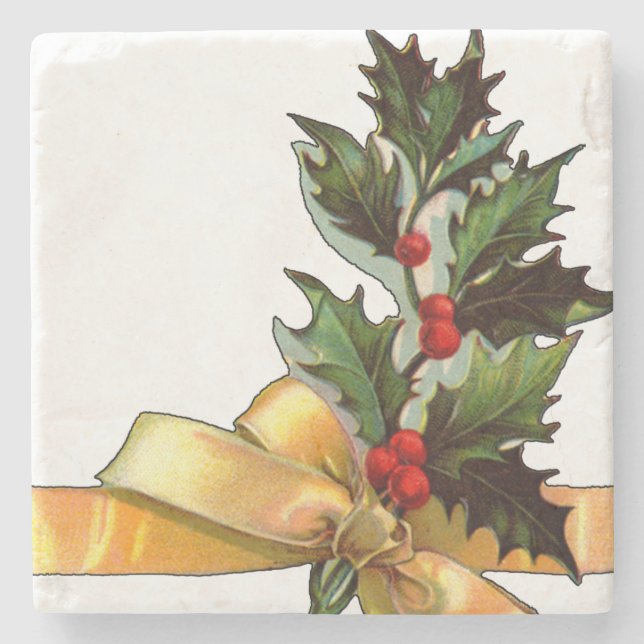 Vintage Christmas Holly Stone Coaster (Front)