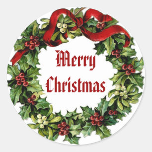 Vintage Christmas Holly Wreath with Red Ribbon Classic Round Sticker