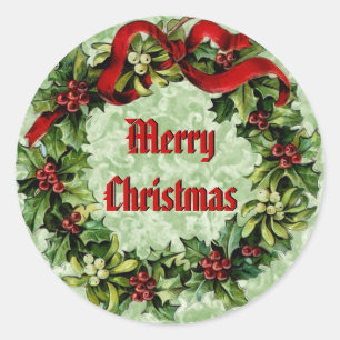 Vintage Christmas Holly Wreath with Red Ribbon V09 Classic Round Sticker