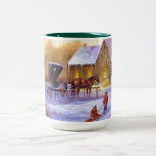 Vintage Christmas Horse Carriage Children Sleigh Two-Tone Coffee Mug