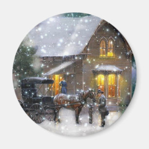 Vintage Christmas Horse Carriage Winter Scene Magnet