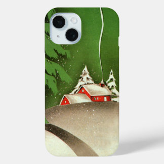 Vintage Christmas, House in Forest Winter Snow iPhone 15 Case
