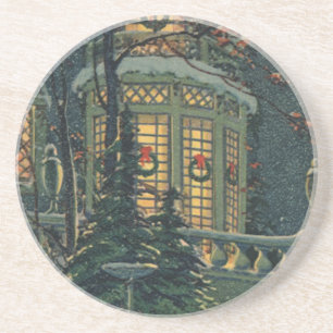 Vintage Christmas, House with Wreaths in Windows Coaster