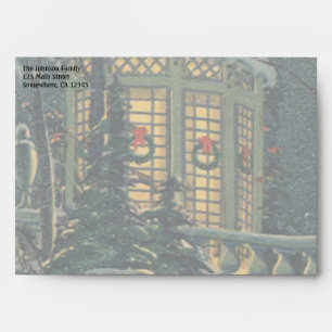 Vintage Christmas, House with Wreaths in Windows Envelope