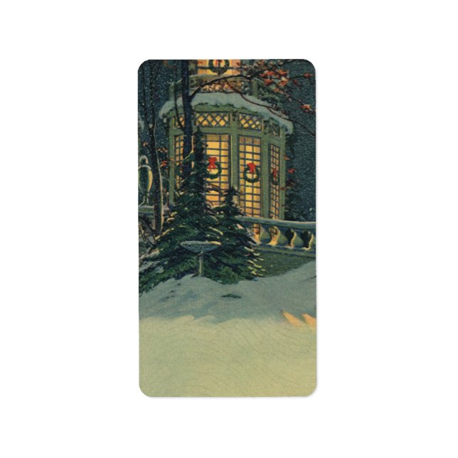 Vintage Christmas, House with Wreaths in Windows Label (Front)