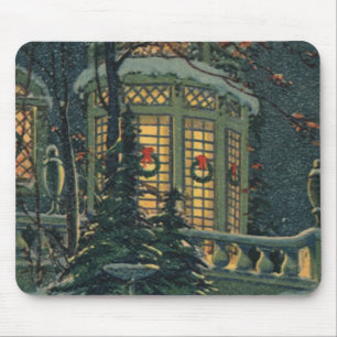 Vintage Christmas, House with Wreaths in Windows Mouse Pad