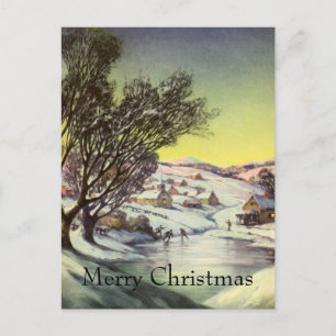 Vintage Christmas, Ice Skaters on a Frozen Pond Holiday Postcard