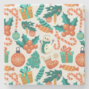 Vintage Christmas Icons Pattern Stone Coaster