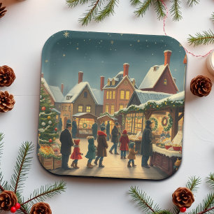 Vintage Christmas Illustration Paper Plate