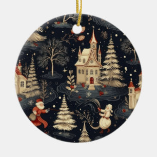 Vintage Christmas Illustration Pattern Ceramic Tree Decoration