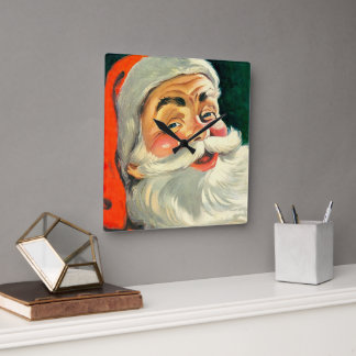 Vintage Christmas, Jolly Retro 50's Santa Claus Square Wall Clock