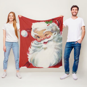Vintage Christmas, Jolly Santa Claus Winking Fleece Blanket