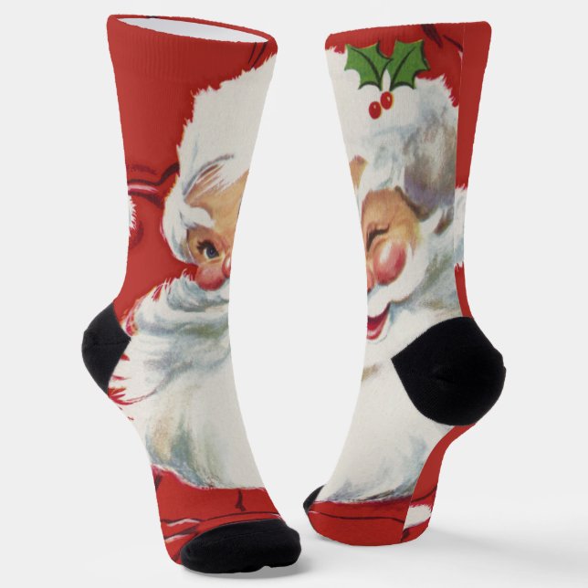 Vintage Christmas, Jolly Santa Claus Winking Socks (Angled)