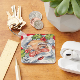 Vintage Christmas, Jolly Santa Claus with His Hat Key Ring