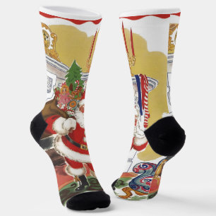 Vintage Christmas, Jolly Santa Claus with Presents Socks
