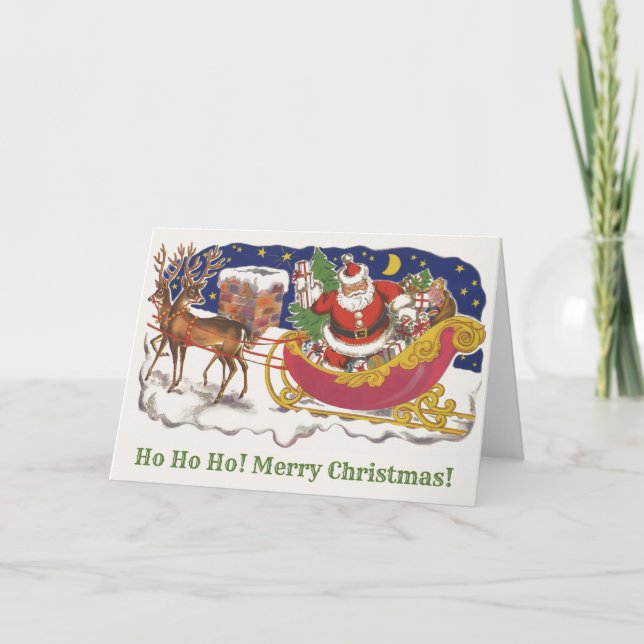 Vintage Christmas, Jolly Santa Claus with Sleigh Card (Front)
