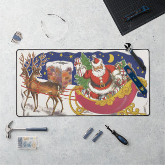 Vintage Christmas, Jolly Santa Claus with Sleigh Desk Mat