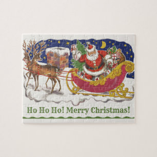 Vintage Christmas, Jolly Santa Claus with Sleigh Jigsaw Puzzle