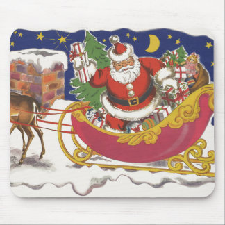 Vintage Christmas, Jolly Santa Claus with Sleigh Mouse Pad