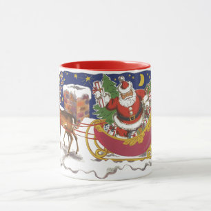 Vintage Christmas, Jolly Santa Claus with Sleigh Mug