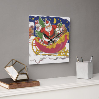 Vintage Christmas, Jolly Santa Claus with Sleigh Square Wall Clock