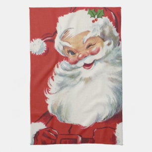 Vintage Christmas, Jolly Winking Santa Claus Tea Towel