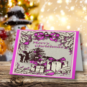 Vintage Christmas Kids Decorating Tree Holiday Card