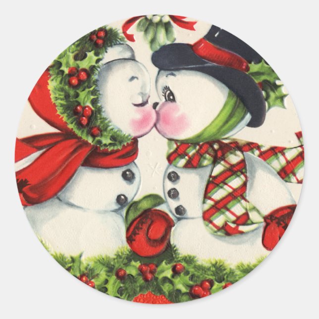 Vintage Christmas Kiss Classic Round Sticker (Front)