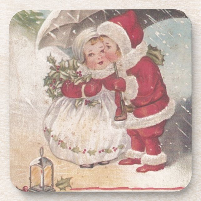 Vintage Christmas Kiss Coaster (Front)