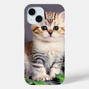 Vintage Christmas Kitten and Holly iPhone 15 Case