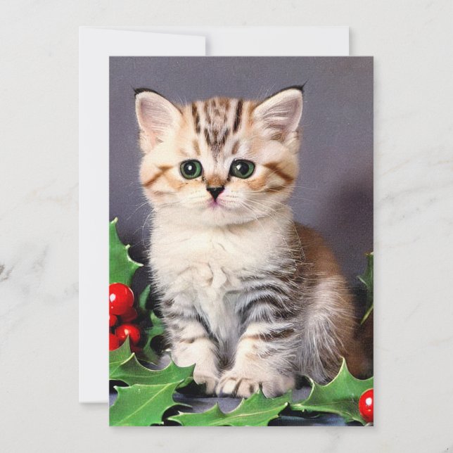 Vintage Christmas Kitten and Holly Holiday Card (Front)