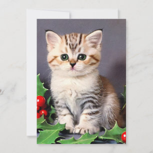 Vintage Christmas Kitten and Holly Holiday Card