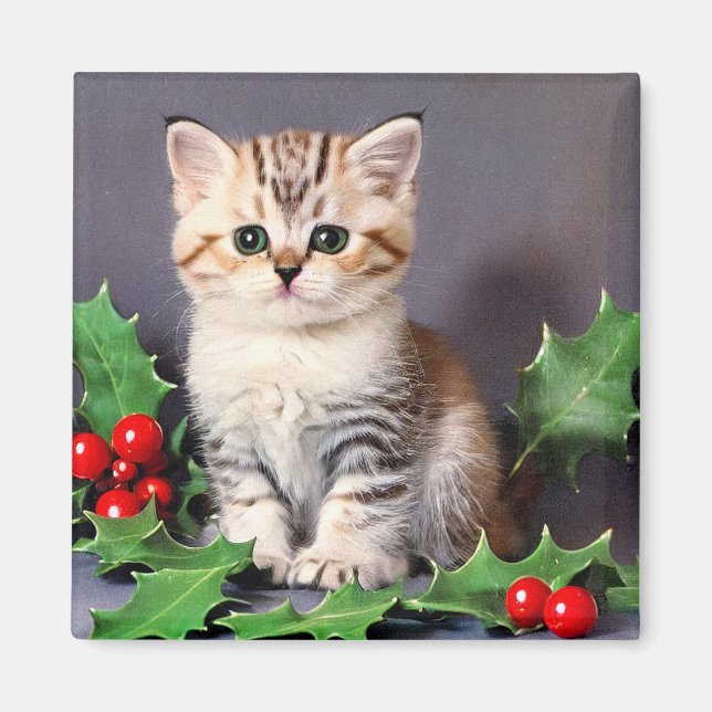 Vintage Christmas Kitten and Holly Magnet (Front)